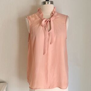 🌿 3 FOR $12 Elle Soft Peach Chiffon Ruffle Tie Neck Short Sleeve Top, Small